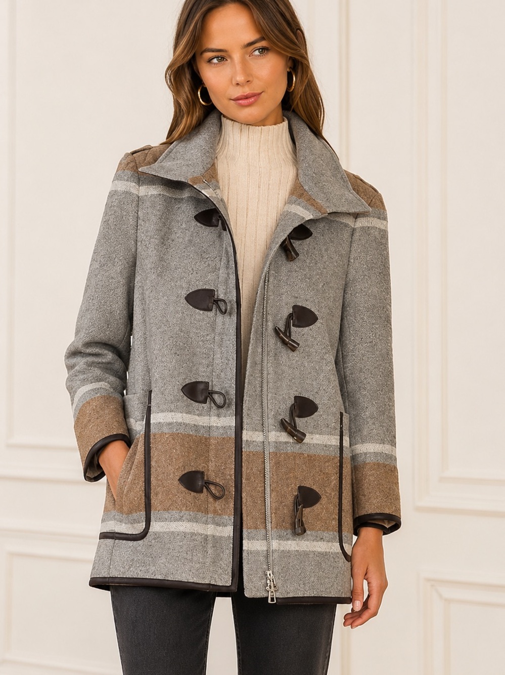 Veronica Beard Flint Dickey Wool-Blend Toggle Coat | Small | Gray Camel Plaid
